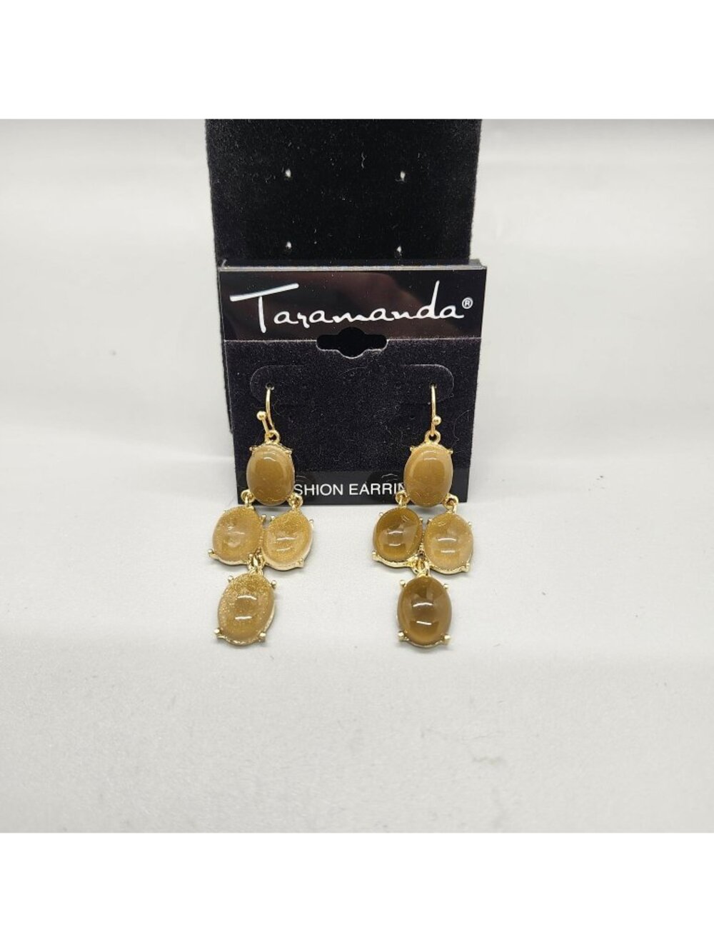 Taramanda Dangle Drop Earrings 2.5" Gold Tone Brown Olive Cabochons